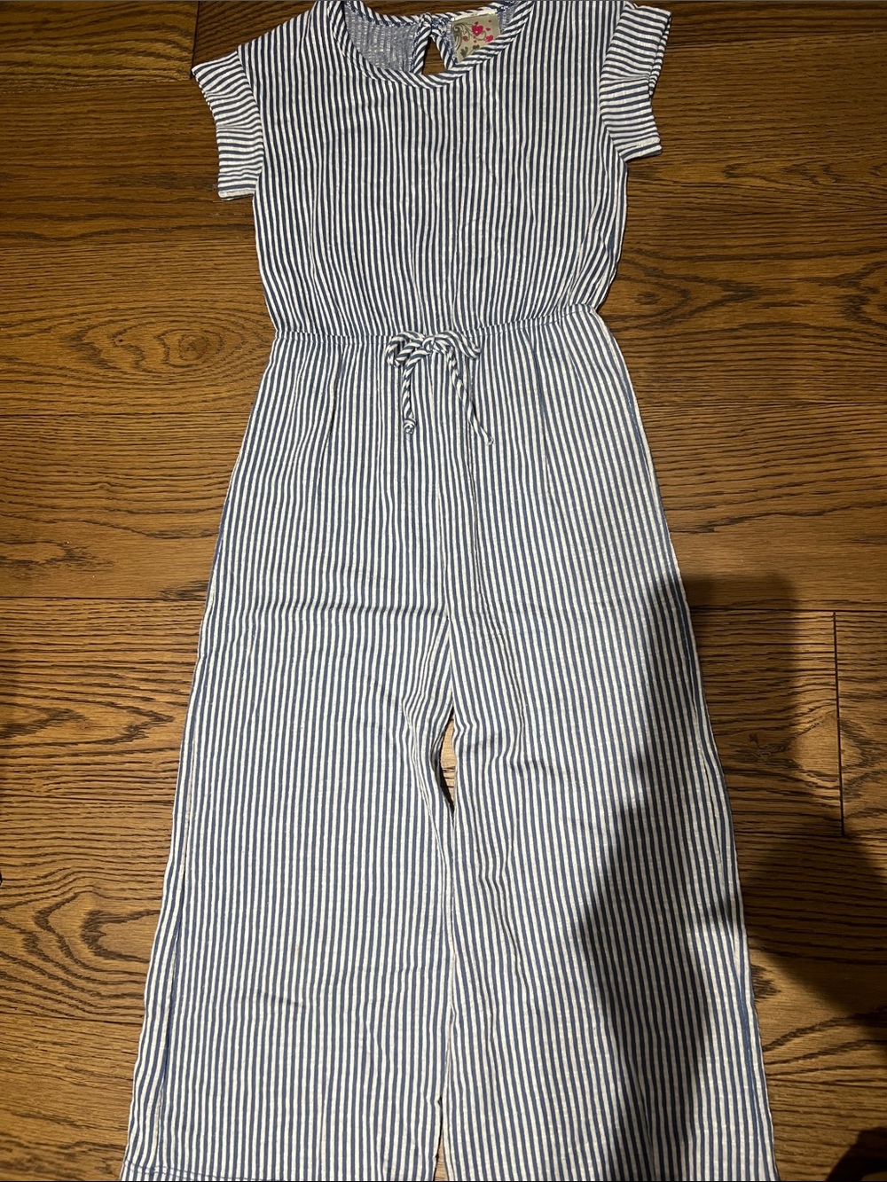 Girls' Blue & White Striped Casual Jumpsuit with Drawstring Waist